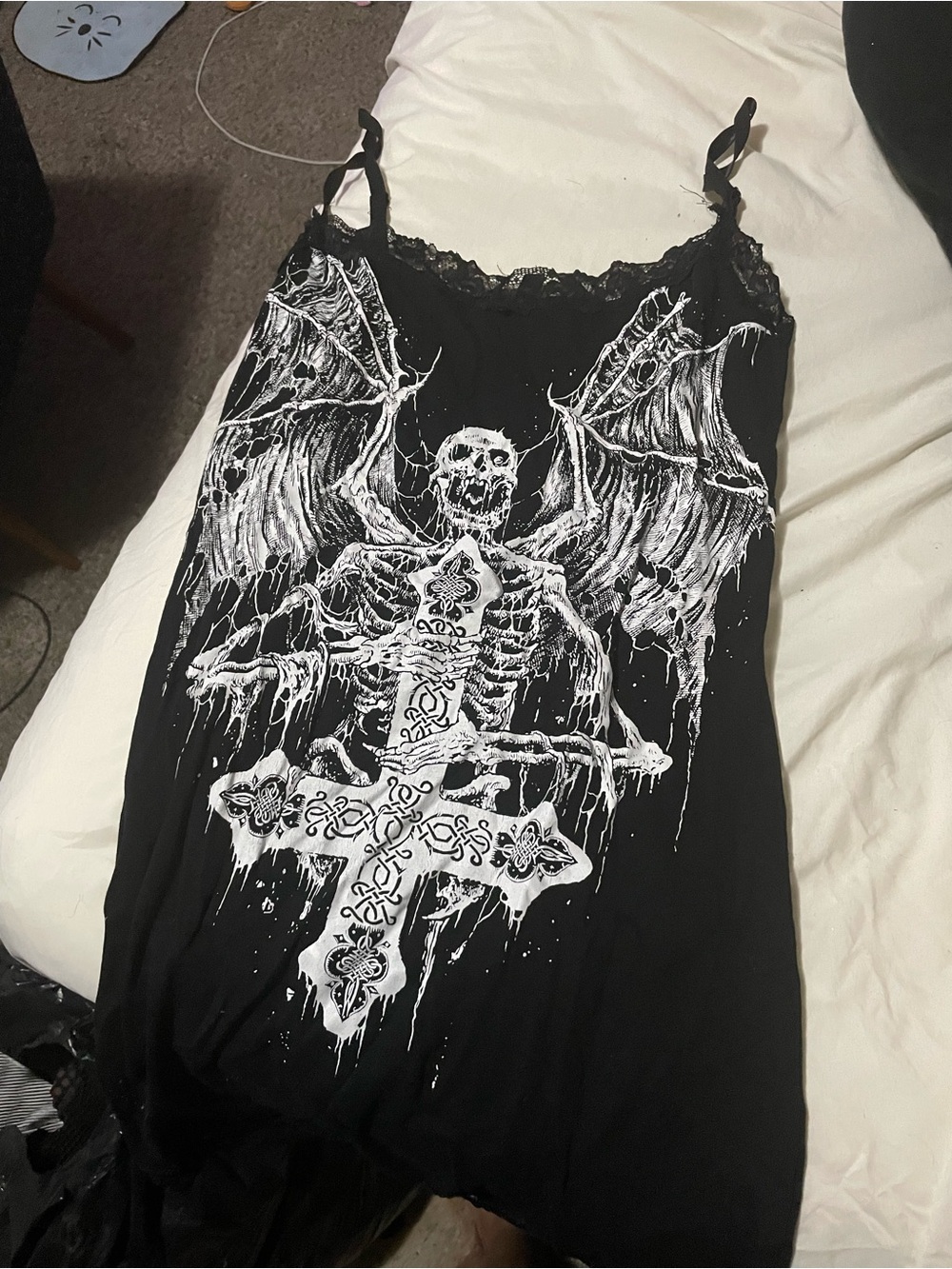 Black Graphic Lace-Trim Slip Dress with Skeletal Cross Print